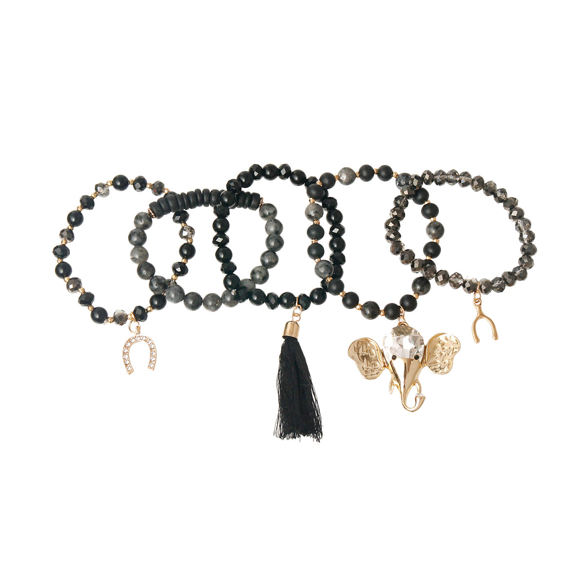 Black Bead Elephant Charm Bracelet Set