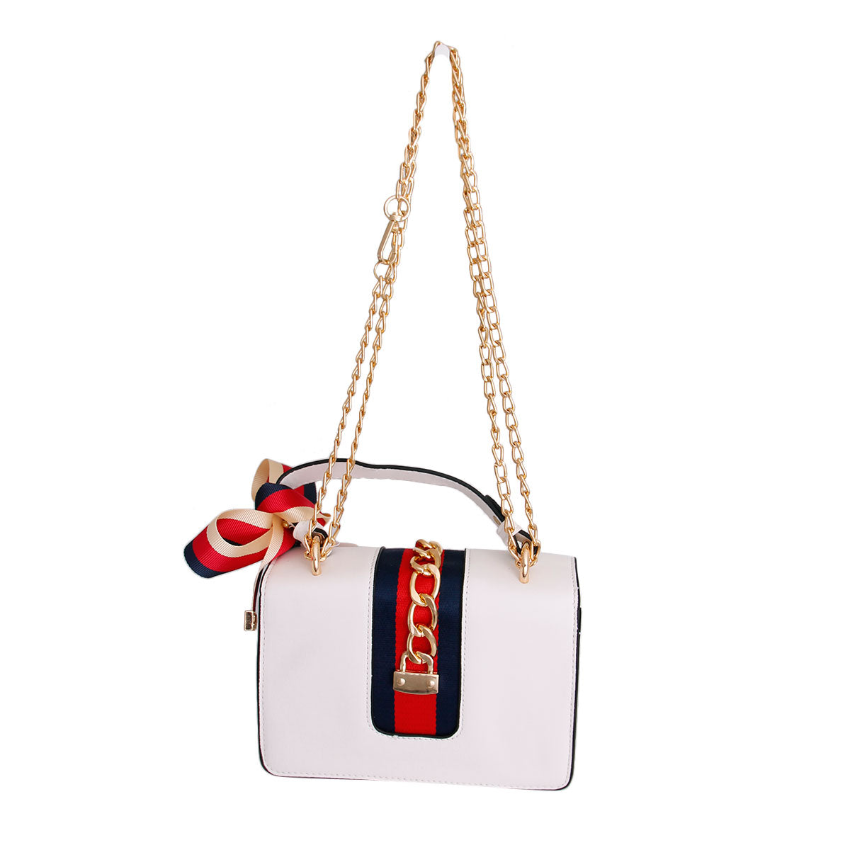 White Designer Stripe Ribbon Satchel