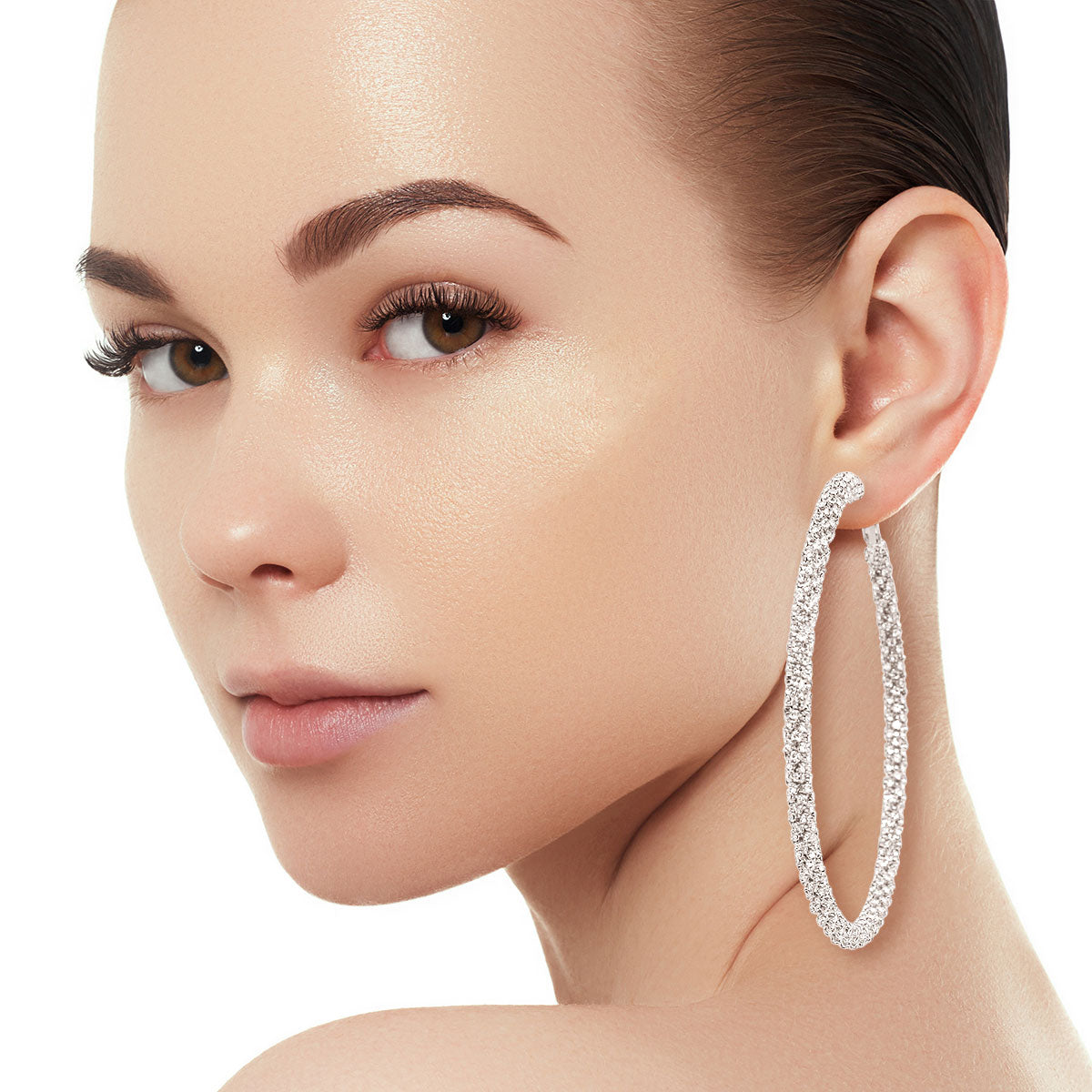 Silver 3.25 in Tube Stone Hoops