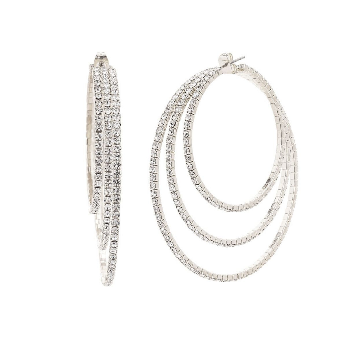 Silver Triple Wire Rhinestone Hoops