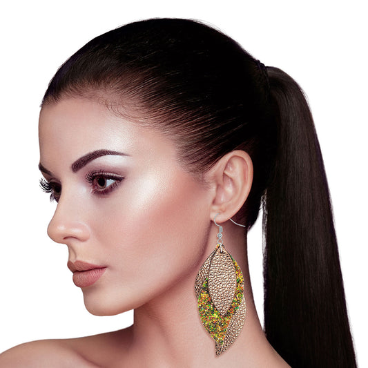 Copper Leather Glitter Leaf Earrings