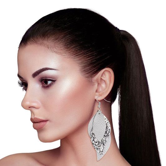 Silver Leather Glitter Leaf Earrings