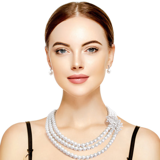 White Glass Pearl Brooch Necklace