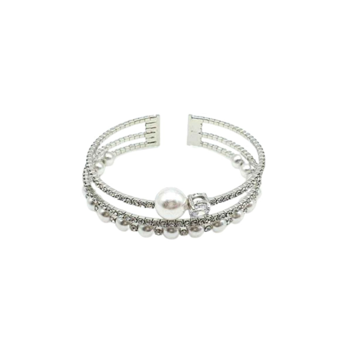 Silver Pearl 3 Line Rhinestone Cuff