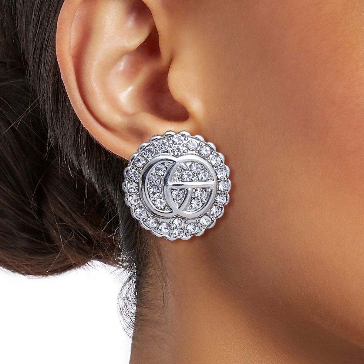 Silver Rhinestone Dotted Round GG Studs