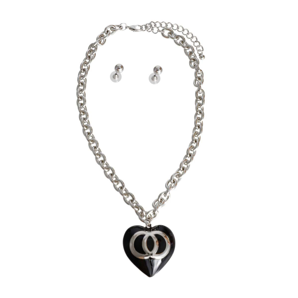 Silver Cable Chain Black Heart Necklace